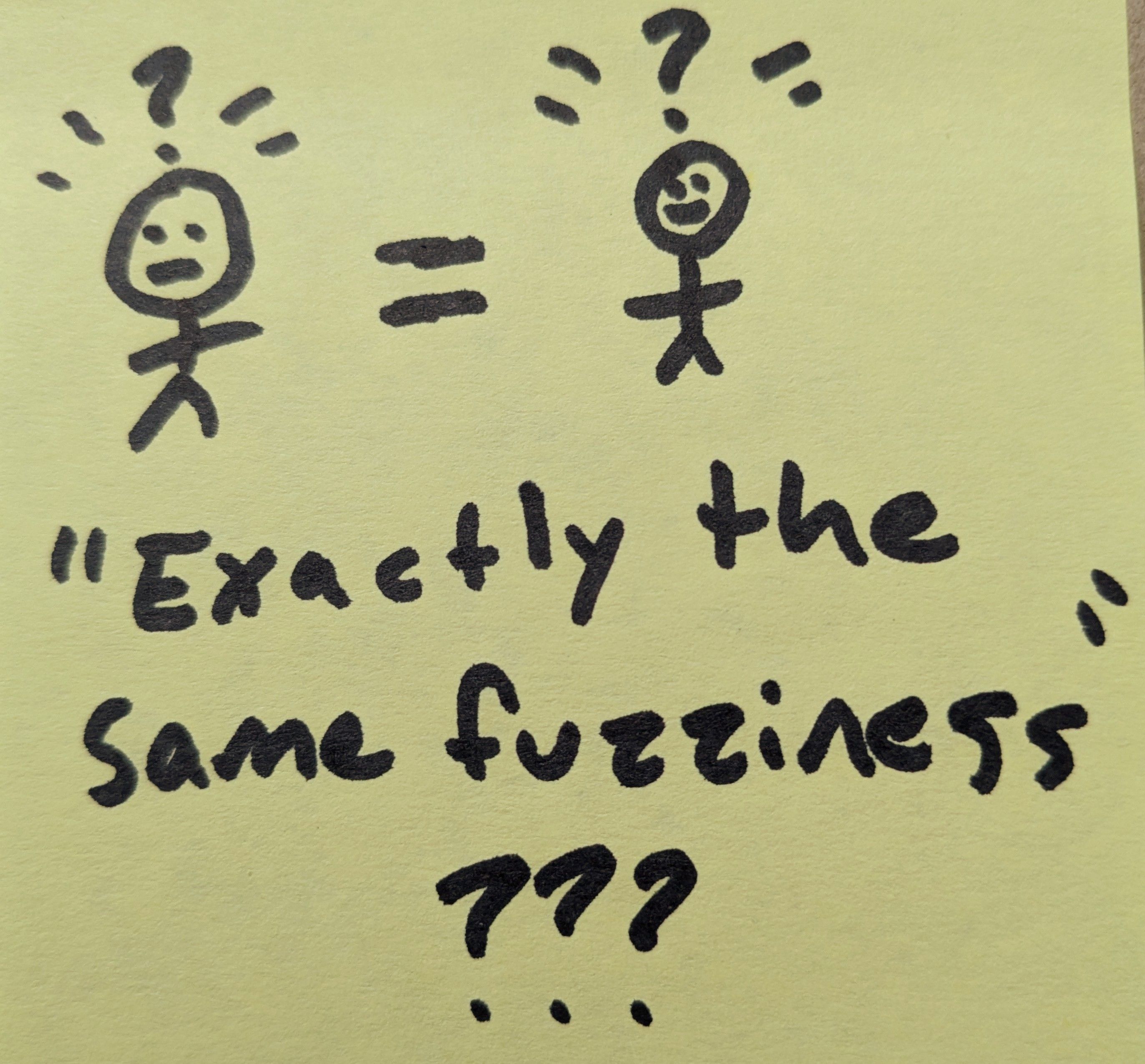 Two similar, fuzzy-headed stick figures. Caption: 'Exactly the same fuzziness?'